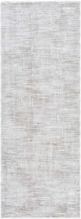 Close-up of the Barend Area Rug. Machine woven polyester rug in ash, light silver, sage, and sterling gray. Southwestern style. Design-Runner-2773