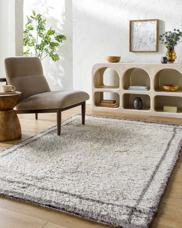 Living room scene with a neutral Aidric Area Rug, beige chair, and light wood console table. Roomscene-Rectangle