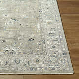 Close-up of the Briony Area Rug showing its farmhouse style, traditional pattern, and neutral color palette. Front