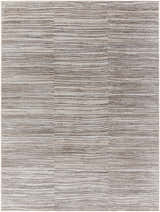 Close-up of the Bedros Area Rug featuring a contemporary ivory, light brown, and gray horizontal striped pattern. Design-Rectangle-537