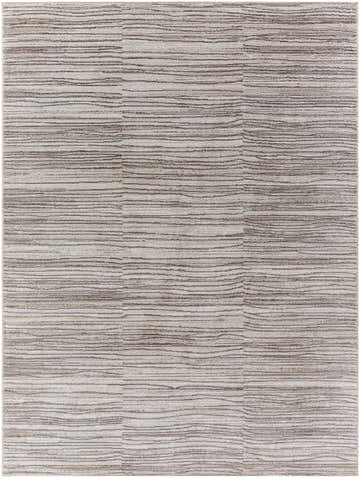 Close-up of the Bedros Area Rug featuring a contemporary ivory, light brown, and gray horizontal striped pattern. Design-Rectangle-537