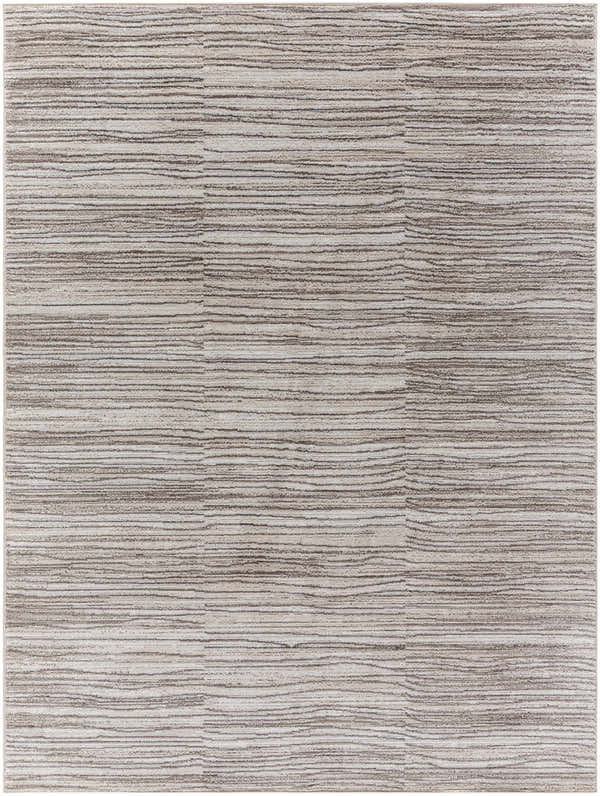 Close-up of the Bedros Area Rug featuring a contemporary ivory, light brown, and gray horizontal striped pattern. Design-Rectangle-537