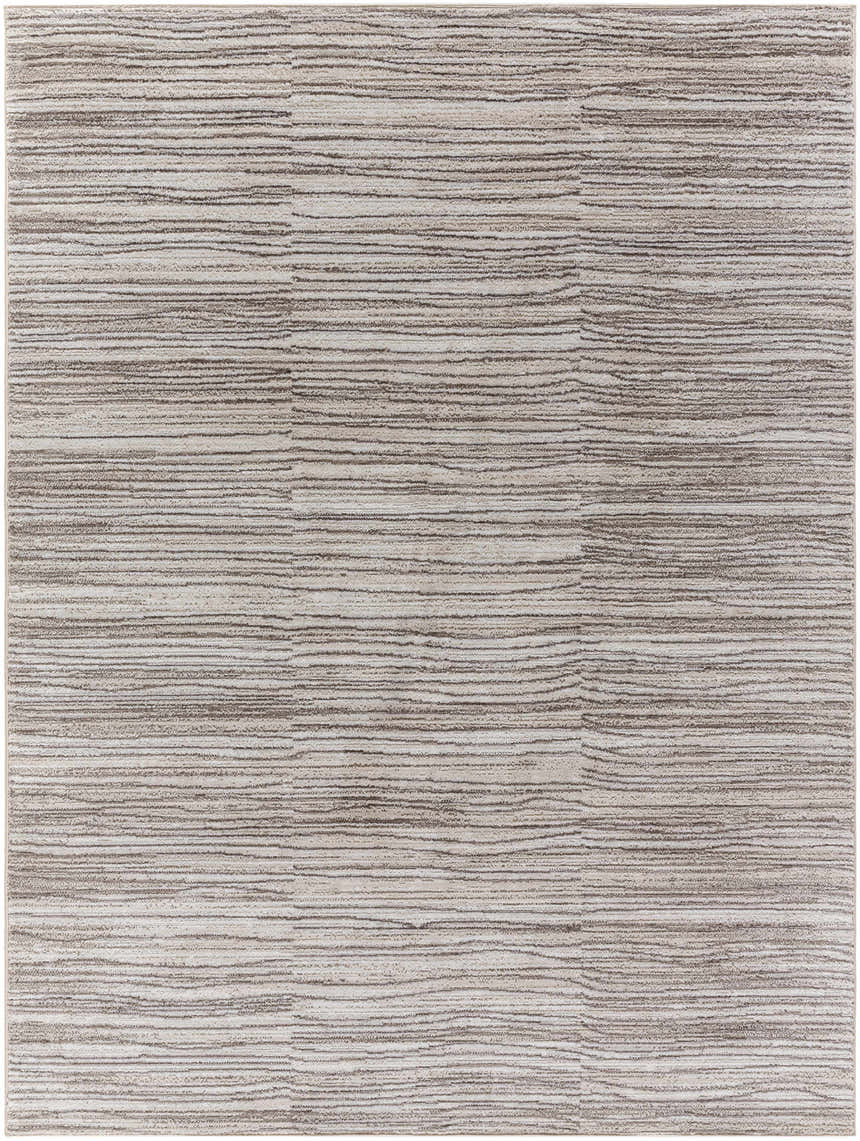 Close-up of the Bedros Area Rug featuring a contemporary ivory, light brown, and gray horizontal striped pattern. Design-Rectangle-537