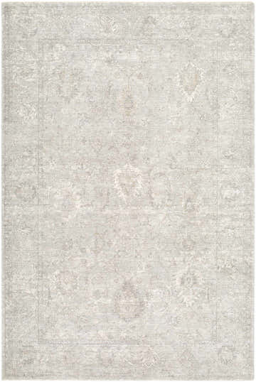 Close-up of Brando Light Gray Area Rug. Dove gray, ivory, and medium gray farmhouse traditional design. Design-Rectangle-6796
