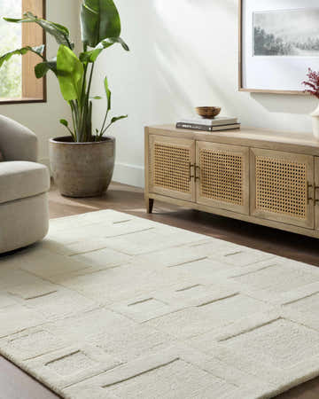 Living room scene with a beige Botham Area Rug, light wood cabinet, and potted plant. Roomscene-Rectangle