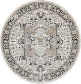 Close-up of the round Cabacungan Washable Area Rug. Features a black, gray, and beige vintage-style pattern. Design-Round-67