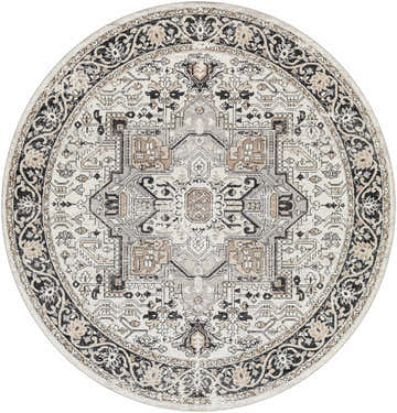 Close-up of the round Cabacungan Washable Area Rug. Features a black, gray, and beige vintage-style pattern. Design-Round-67