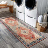 Laundry room scene with Camperdown Area Rug runner in burnt orange, cream, and blue. Farmhouse style with washing machines and wood floors. Roomscene-Runner