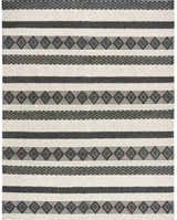 Close-up of the Whittington Black&White Wool Rug. Features a striped pattern with geometric diamond and zig-zag designs. Design-Rectangle