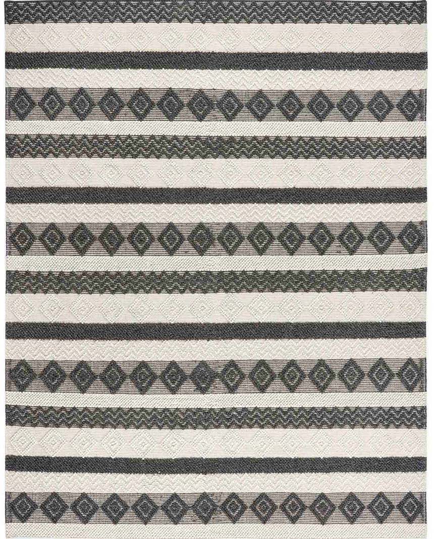 Close-up of the Whittington Black&White Wool Rug. Features a striped pattern with geometric diamond and zig-zag designs. Design-Rectangle