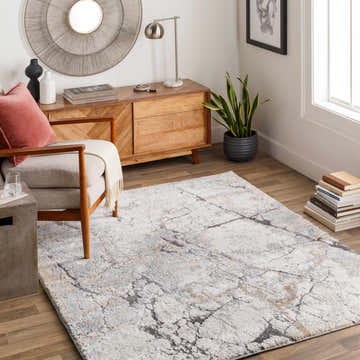 Living room scene with a Cavetown Gray Marble Thick Rug, wood furniture, and neutral tones. Roomscene-Rectangle