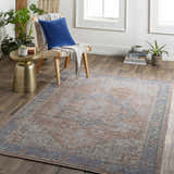 Living room scene with Cayanguan Area Rug in beachhouse blue, brown, and gray. Farmhouse style with chair, plants, and wood floors. Roomscene-Rectangle