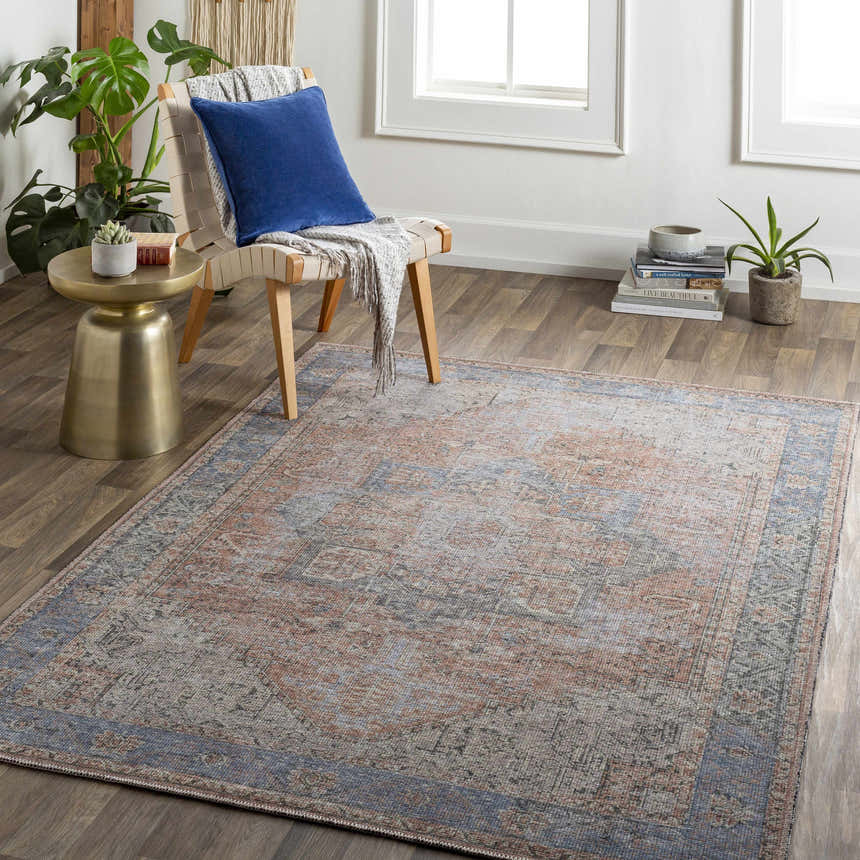 Living room scene with Cayanguan Area Rug in beachhouse blue, brown, and gray. Farmhouse style with chair, plants, and wood floors. Roomscene-Rectangle