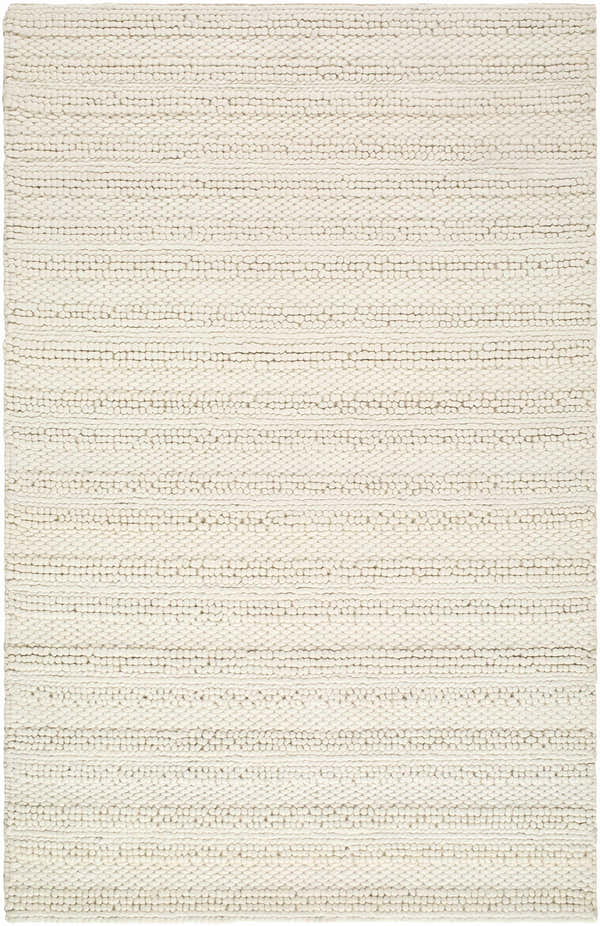 Close-up of the hand woven, rectangular Coskun Area Rug. Cream wool rug with a farmhouse, transitional style. Design-Rectangle-576