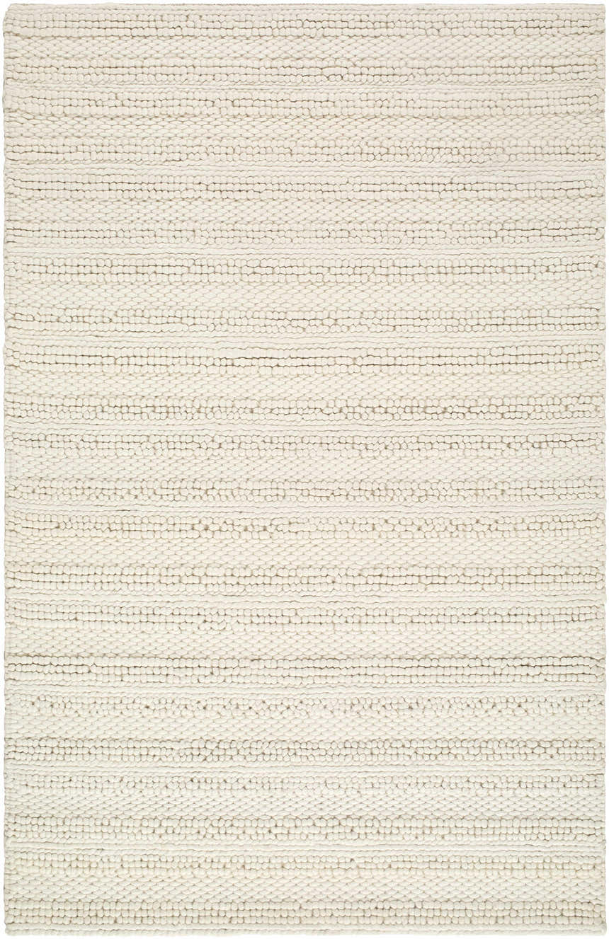 Close-up of the hand woven, rectangular Coskun Area Rug. Cream wool rug with a farmhouse, transitional style. Design-Rectangle-576