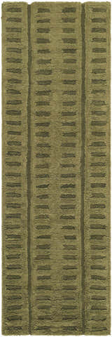 Close-up of the Washable Wool Rug - Green. Hand-tufted rug with a contemporary stripe pattern in shades of green and brown. Design-Runner-268