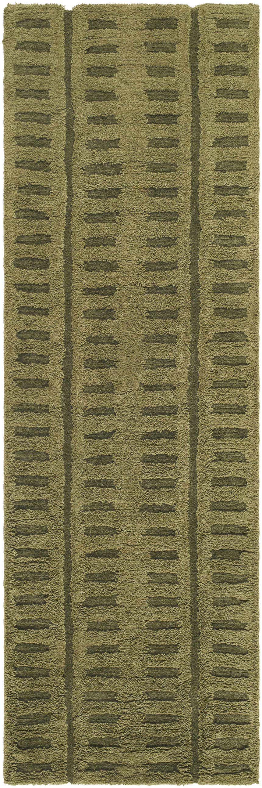 Close-up of the Washable Wool Rug - Green. Hand-tufted rug with a contemporary stripe pattern in shades of green and brown. Design-Runner-268