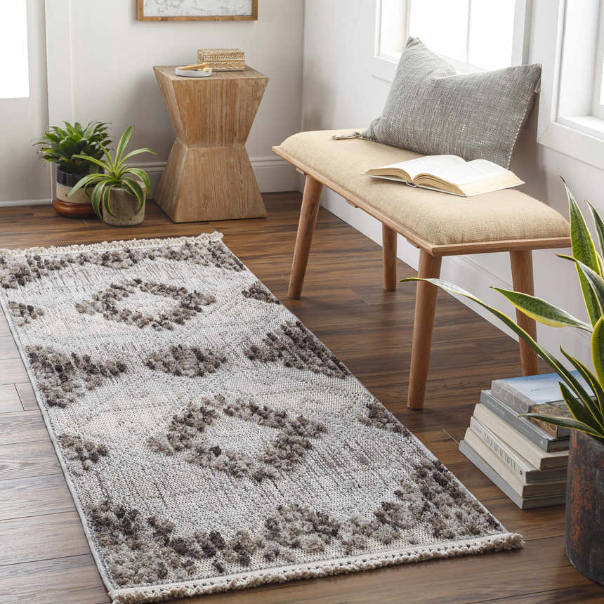 Entryway with a Cabarroguis area rug in charcoal, cream, and gray, styled with a bench, plants, and wood accents. Roomscene-Runner