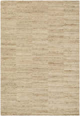 Close-up of the Andred Tan Area Rug. Hand-tufted wool rug in beige, tan, and taupe with a subtle striped pattern. Design-Rectangle-576