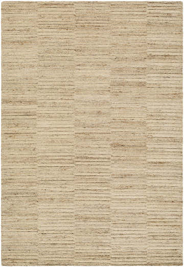 Close-up of the Andred Tan Area Rug. Hand-tufted wool rug in beige, tan, and taupe with a subtle striped pattern. Design-Rectangle-576