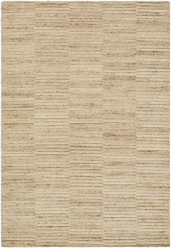 Close-up of the Andred Tan Area Rug. Hand-tufted wool rug in beige, tan, and taupe with a subtle striped pattern. Design-Rectangle-576