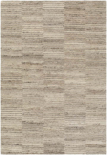 Close-up of the Andred Taupe Area Rug. Hand-tufted wool rug with a subtle beige, cream, and taupe striped pattern. Design-Rectangle-576