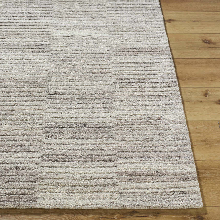 Close-up of the Andred Taupe Area Rug. Hand-tufted wool rug with horizontal beige, cream, and taupe stripes. Front