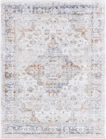 Close-up of the Cargan Area Rug featuring a traditional, distressed pattern in cream, burnt orange, navy, and light gray. Design-Rectangle-537
