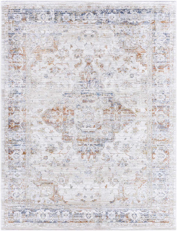 Close-up of the Cargan Area Rug featuring a traditional, distressed pattern in cream, burnt orange, navy, and light gray. Design-Rectangle-537