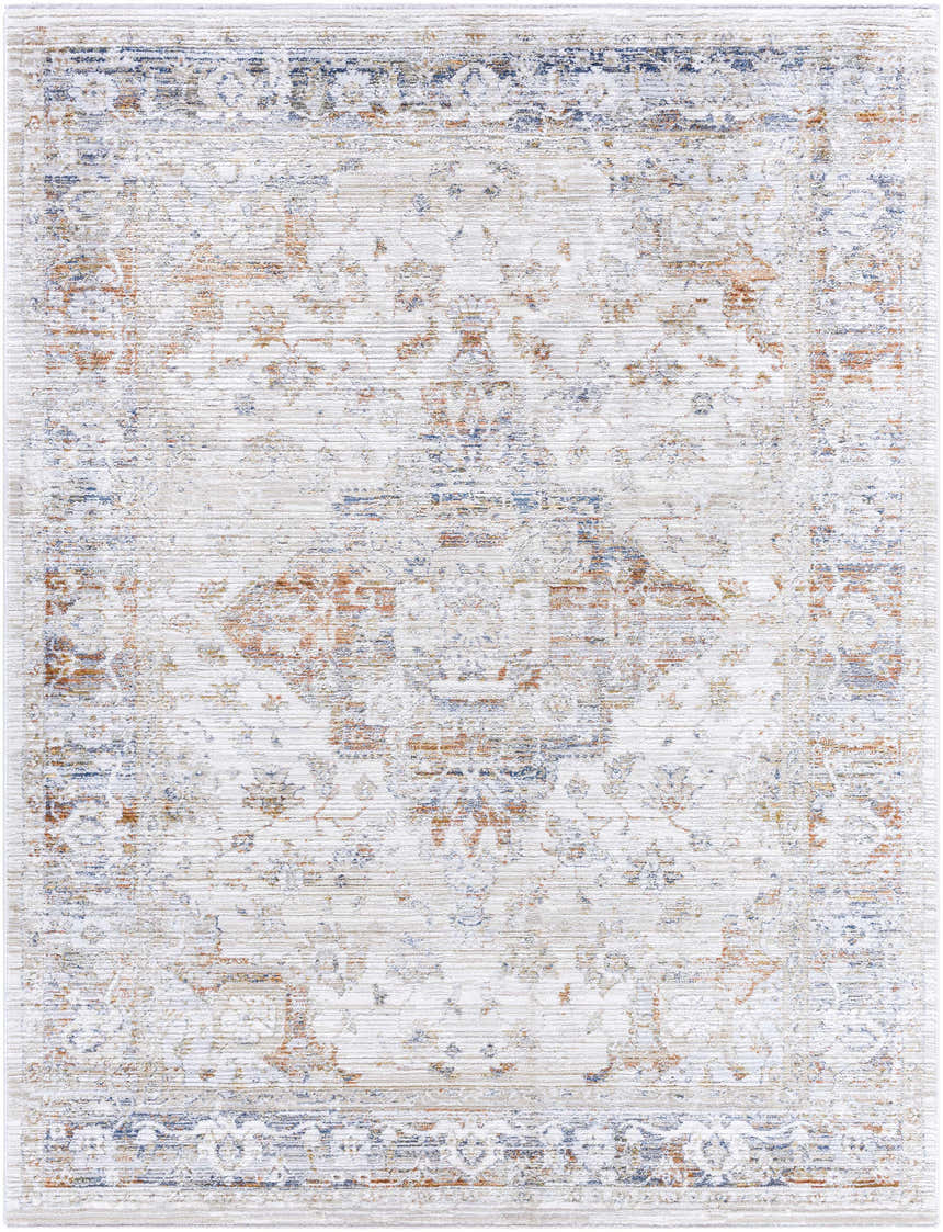 Close-up of the Cargan Area Rug featuring a traditional, distressed pattern in cream, burnt orange, navy, and light gray. Design-Rectangle-537