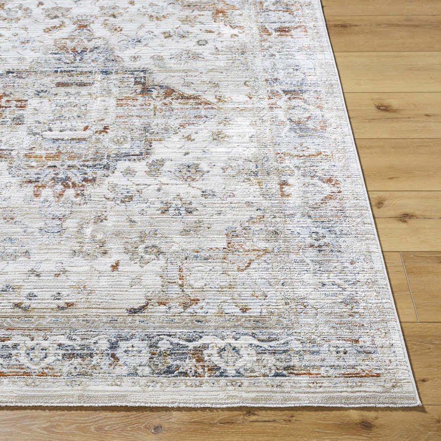 Close-up of the Cargan Area Rug showing its cream base with burnt orange, navy, and tan traditional pattern. Front