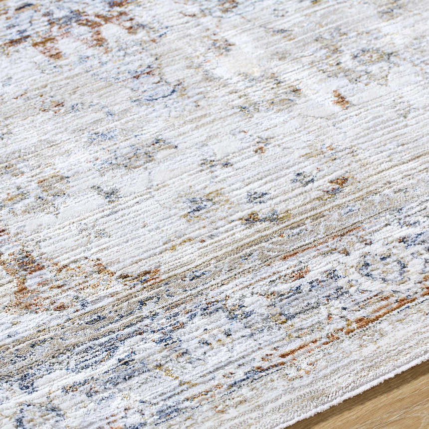 Close-up of the Cargan Area Rug. Cream rug with burnt orange, navy, and light gray traditional pattern. Texture