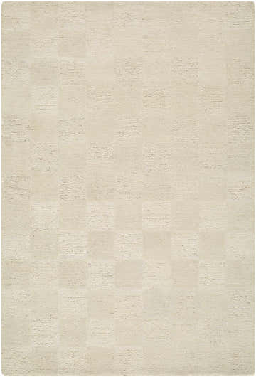Close-up of hand-tufted Chasya Ivory Area Rug. 100% wool rug with a subtle checkerboard pattern and plush texture. Design-Rectangle-576