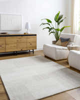 Living room with beige Camila Area Rug, wood console, and cream armchairs creating a neutral, modern space. Roomscene-Rectangle