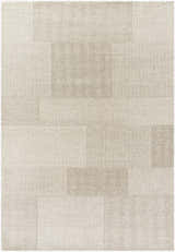 Close-up of the hand-tufted Camila Beige Area Rug. Neutral tones and subtle rectangular pattern. 100% Wool. Design-Rectangle-576