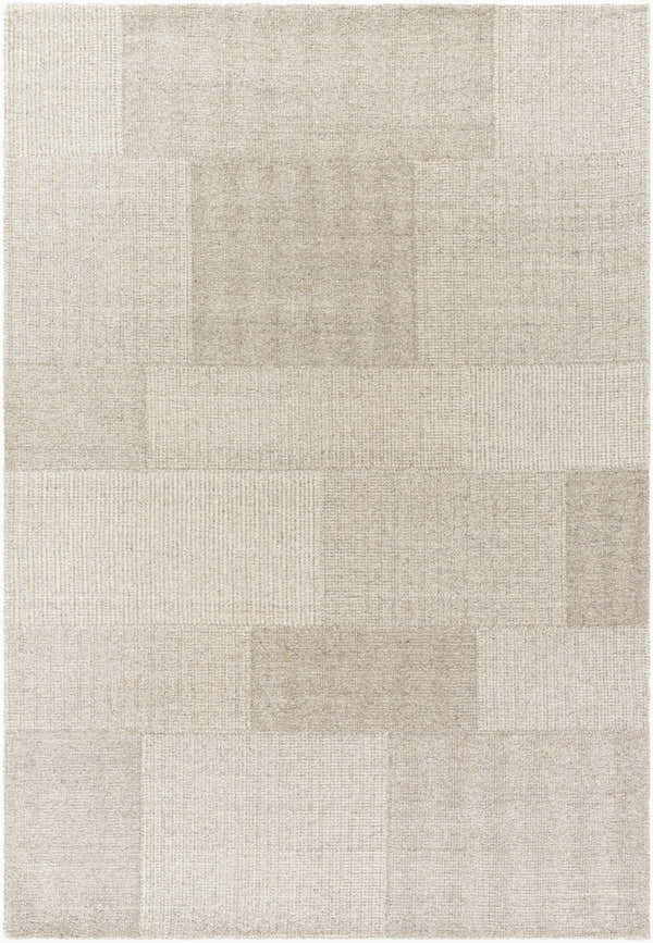 Close-up of the hand-tufted Camila Beige Area Rug. Neutral tones and subtle rectangular pattern. 100% Wool. Design-Rectangle-576