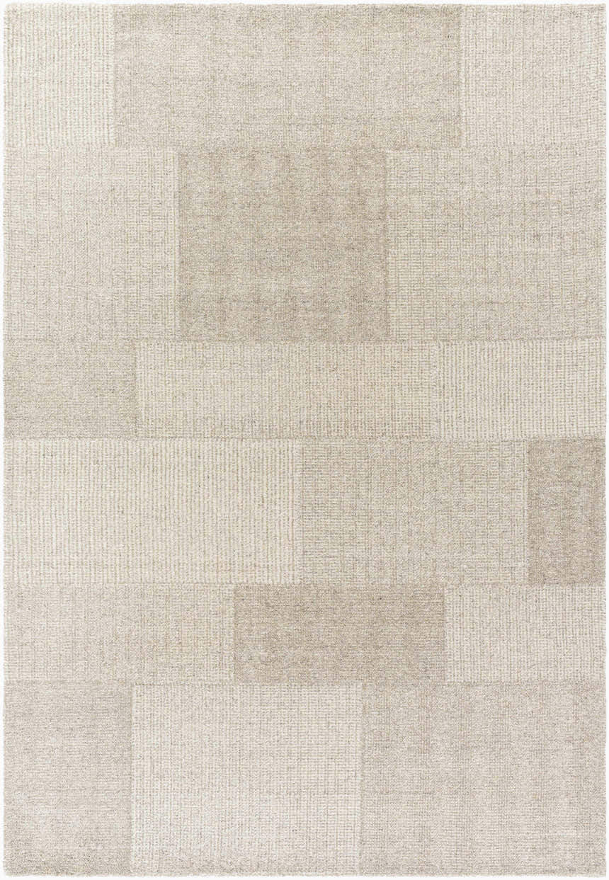 Close-up of the hand-tufted Camila Beige Area Rug. Neutral tones and subtle rectangular pattern. 100% Wool. Design-Rectangle-576