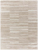 Close-up of the ivory and peach Carlen Area Rug. Shag rug with a contemporary design and soft, plush texture. Design-Rectangle-537