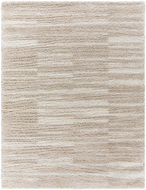 Close-up of the ivory and peach Carlen Area Rug. Shag rug with a contemporary design and soft, plush texture. Design-Rectangle-537