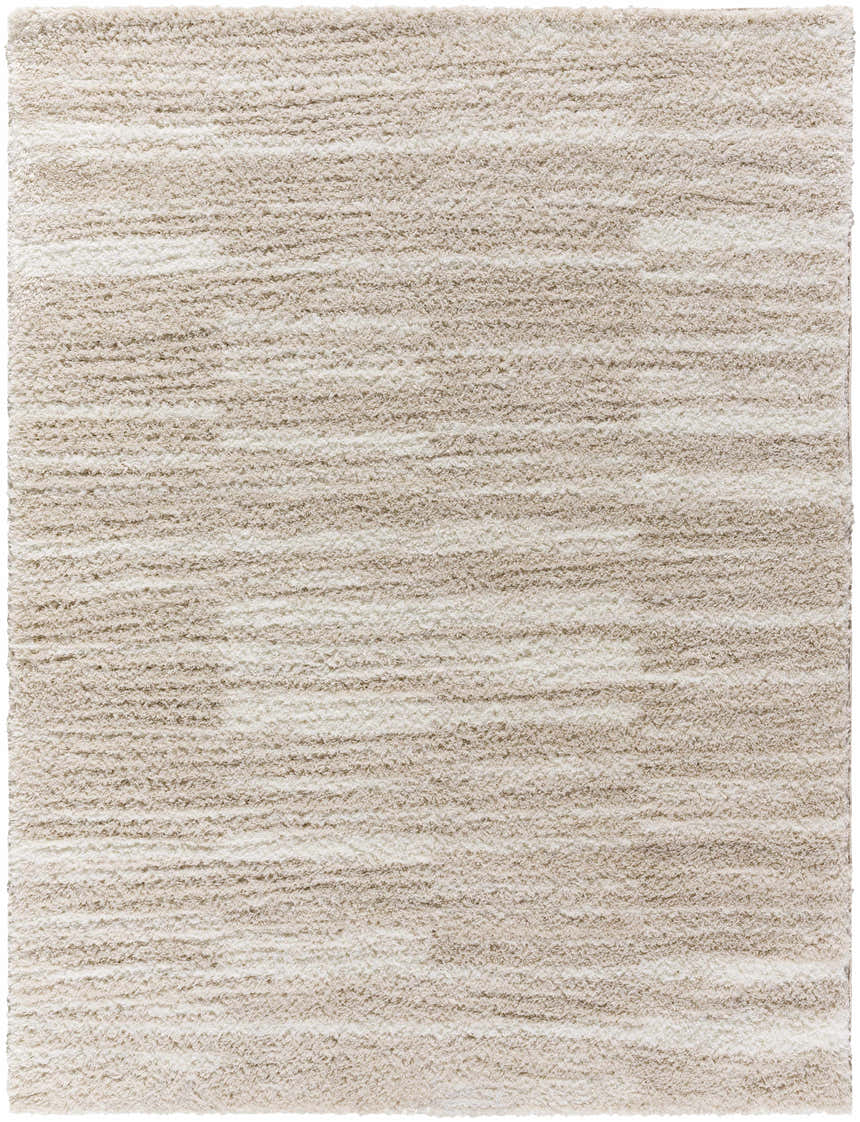 Close-up of the ivory and peach Carlen Area Rug. Shag rug with a contemporary design and soft, plush texture. Design-Rectangle-537