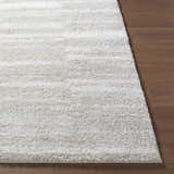 Close-up of the ivory Carlen shag area rug showing its plush texture and horizontal lines on a wood floor. Front