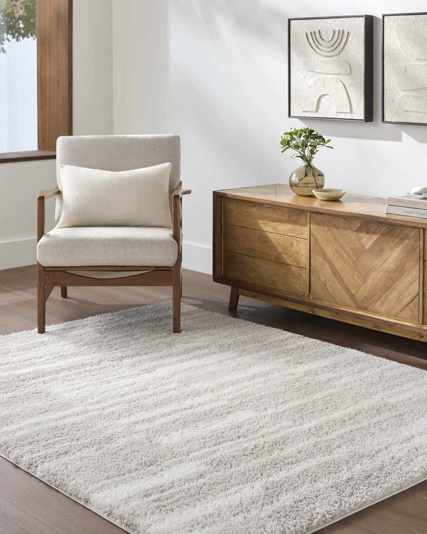 Living room scene with an ivory armchair, wood cabinet, and the soft, ivory Carlen Area Rug. Roomscene-Rectangle
