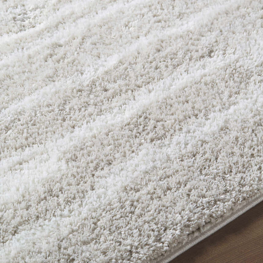 Close-up of the ivory Carlen Area Rug, a soft shag rug with subtle peach tones and a machine-woven construction. Texture