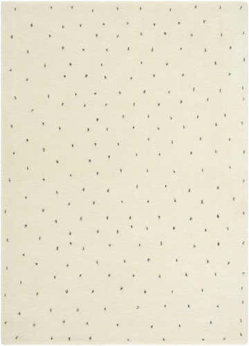 Close-up of the Cirila Dotted Ivory Washable Wool Rug. Features a soft ivory background with small, charcoal-colored dotted pattern. Design-Rectangle-57
