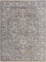 Close-up of the Clovia Area Rug. Traditional design in black, gray, ivory, medium brown, and taupe hues. Design-Rectangle-679