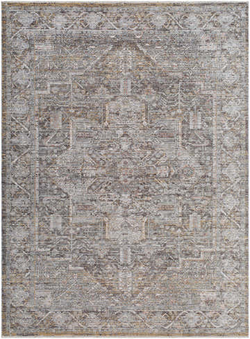 Close-up of the Clovia Area Rug. Traditional design in black, gray, ivory, medium brown, and taupe hues. Design-Rectangle-679