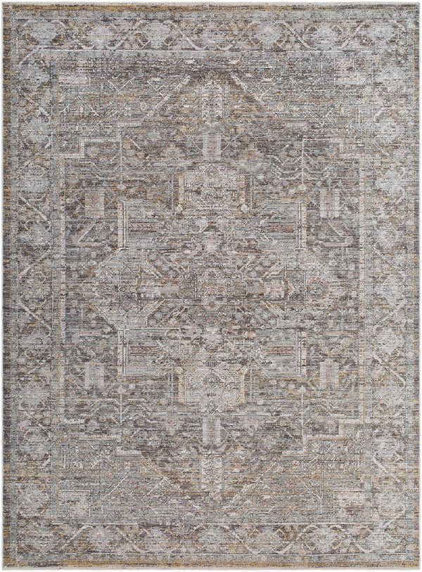 Close-up of the Clovia Area Rug. Traditional design in black, gray, ivory, medium brown, and taupe hues. Design-Rectangle-679