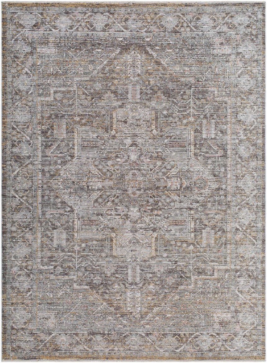 Close-up of the Clovia Area Rug. Traditional design in black, gray, ivory, medium brown, and taupe hues. Design-Rectangle-679