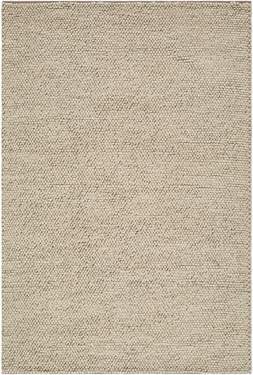 Close-up of the Clayne Dark Beige rug. Hand-woven wool rug with a nubby texture and medium brown color. Design-Rectangle-576