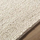 Close up of the hand woven Clayne Dark Beige wool rug showing texture and medium brown border. Texture